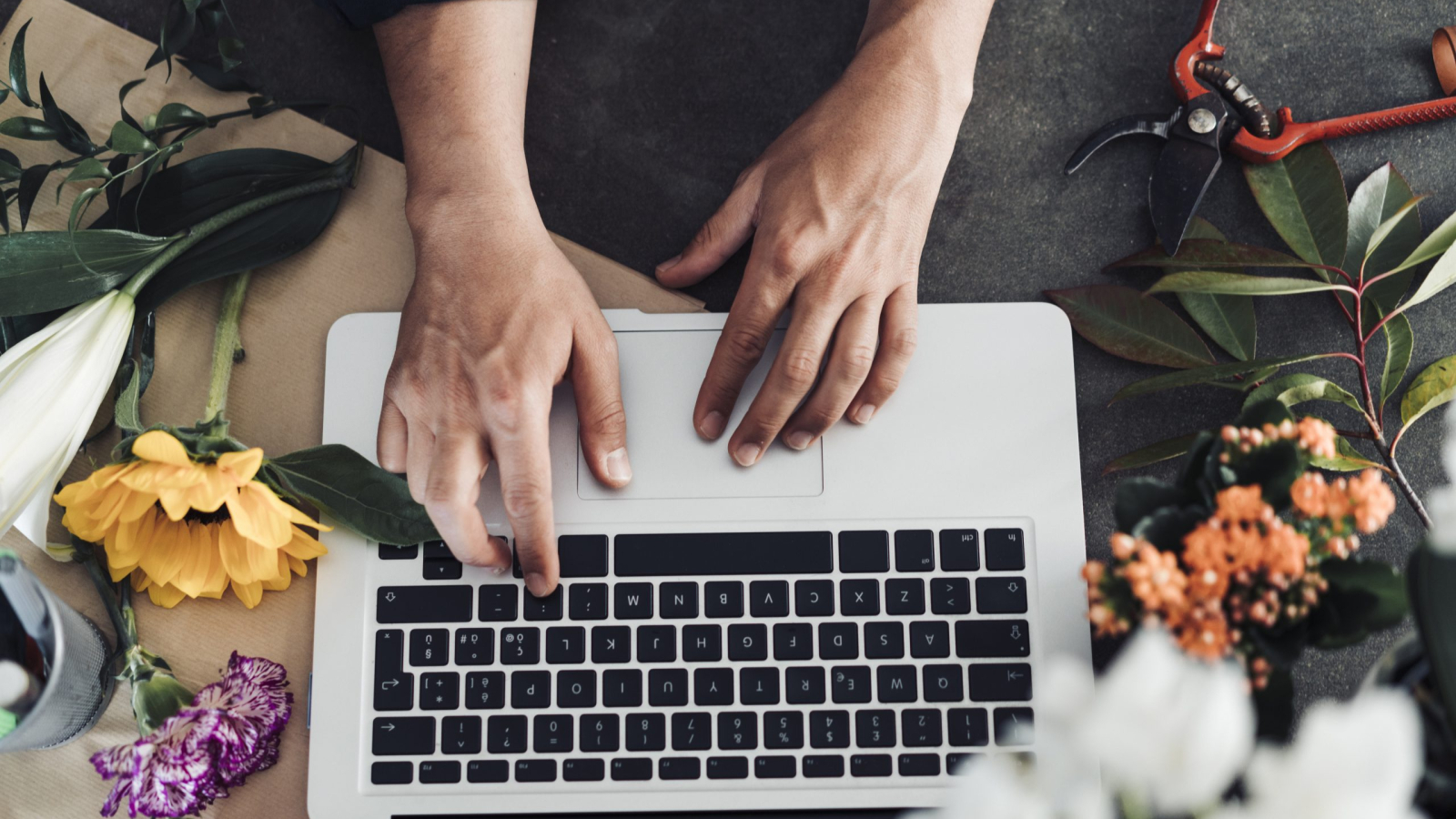 Young male florist working at counter in flower shop